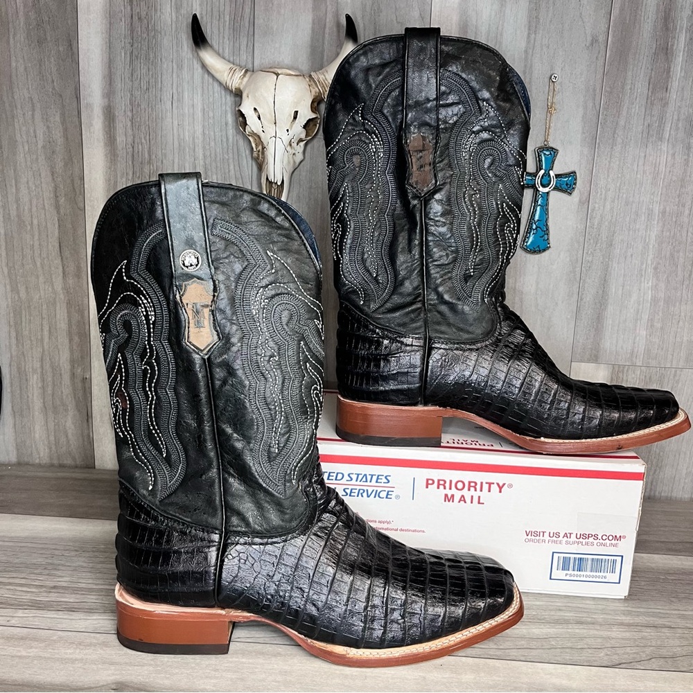 Tanner Mark Lufkin Caiman Exotic Print Leather Western Boots Mens 12 Black